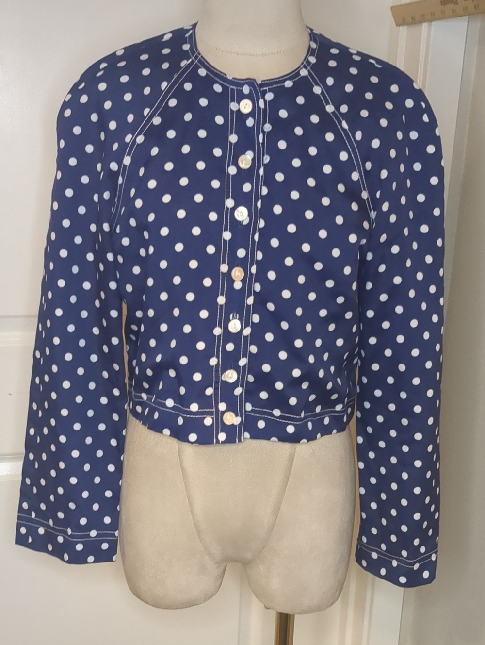 Vintage 60s Navy Blue & White Polka Dot Dress Jacket Cropped Button Front Sz 8